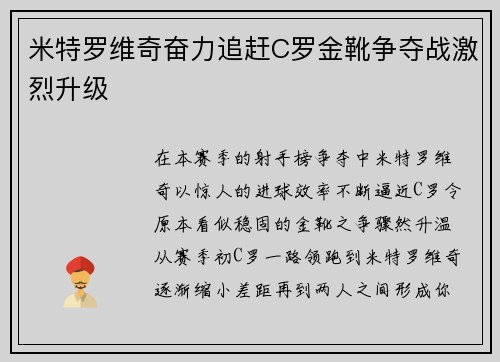米特罗维奇奋力追赶C罗金靴争夺战激烈升级