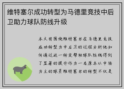 维特塞尔成功转型为马德里竞技中后卫助力球队防线升级